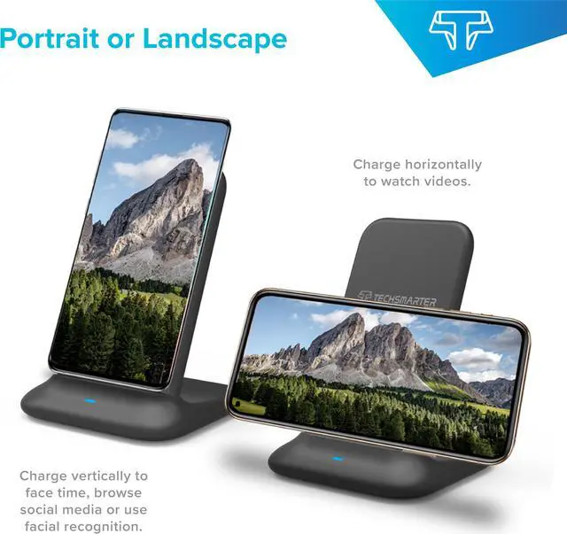 Alt view image 6 of 8 - Techsmarter Fast Charging Wireless Charger Stand Dock, Qi Certified. Compatible with Apple iPhone 8,X,XR,XS,11 Samsung Galaxy S7,S8,S9,S10, Note 8,9,10, LG ThinQ V30, V35, V40, G6, G7,G8