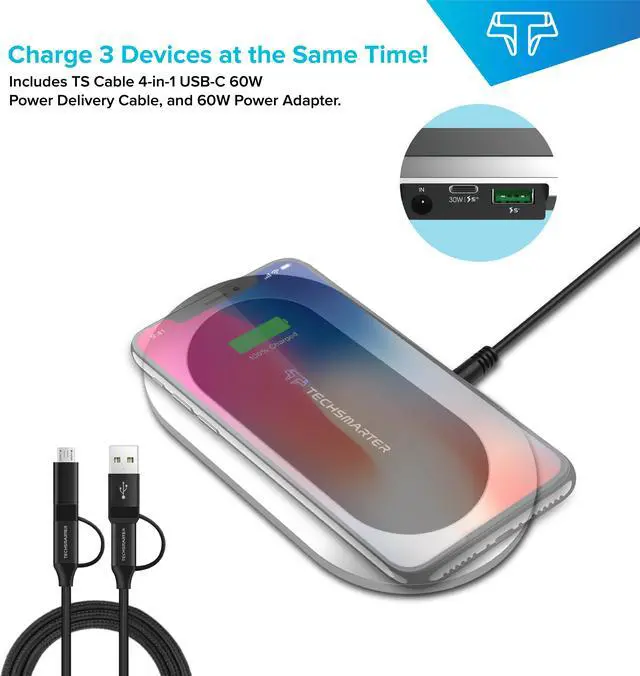 Alt view image 7 of 7 - Techsmarter Qi Wireless Fast Charger Pad with 30W Power Delivery USB C Port and 18W Fast Charge USB Ports. Compatible with Samsung S7 S8 S9 S10 Note, iPhone 11 8 X XR XS, iPad, MacBook, LG G6 V30 V40