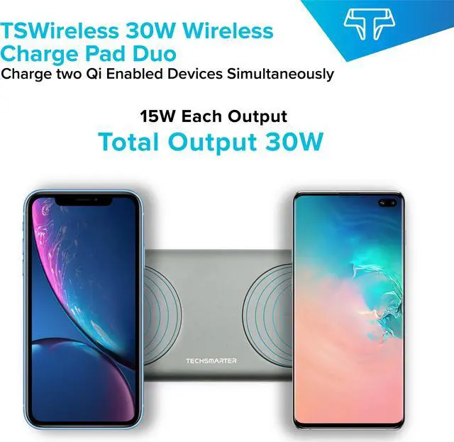 Alt view image 3 of 7 - Techsmarter 15W Fast Charging Dual Wireless Charger Pad For iPhone 15, 14, 13, 12, 11, XS, XR, X Samsung Galaxy S23, S22, S21, S20, S10, AirPods, Note, LG ThinQ