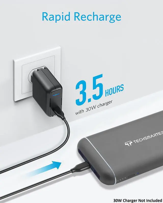 Alt view image 6 of 7 - Techsmarter 20100mAh 60W Power Delivery Hybrid Power Bank and USB-C Hub. External Battery Portable Phone Charger Compatible with iPhone, iPad Air/Pro, MacBook Air/Pro, Samsung, Chromebook