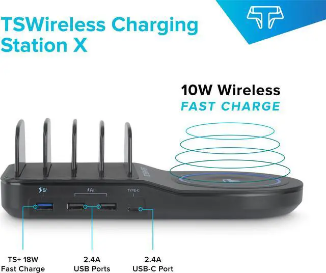 Alt view image 5 of 7 - Techsmarter 5-Port USB Charging Station With 10W Wireless Charger Pad, 18W USB Port & Two 12W USB Ports. For iPhone 15, 14, 13, 12, 11, iPad, Samsung S23, S22, S21, S10, Android, Universal
