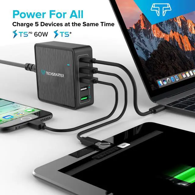 Alt view image 4 of 8 - Techsmarter USB C PD Wall Charger, 5-Port Desktop Charger with 60W Power Delivery, 18W TS+ Fast Charge & Three 12W USB Ports. Compatible with MacBook, Chromebook, iPad, iPhone, Samsung, Android Phones