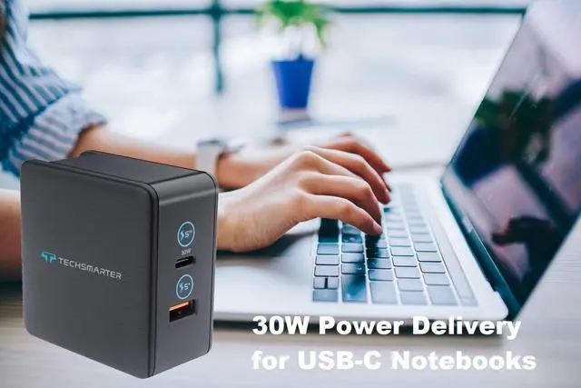 Alt view image 7 of 9 - Techsmarter 48W USB C PD Wall Charger with 30W Power Delivery and 18W USB Port, For iPhone 15, 14, 13, 12, 11, XS, XR, iPad, MacBook Air, Samsung Galaxy S23, S22, S21, S20, S10, Androids