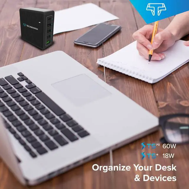 Alt view image 5 of 8 - Techsmarter USB C PD Wall Charger, 5-Port Desktop Charger with 60W Power Delivery, 18W TS+ Fast Charge & Three 12W USB Ports. Compatible with MacBook, Chromebook, iPad, iPhone, Samsung, Android Phones