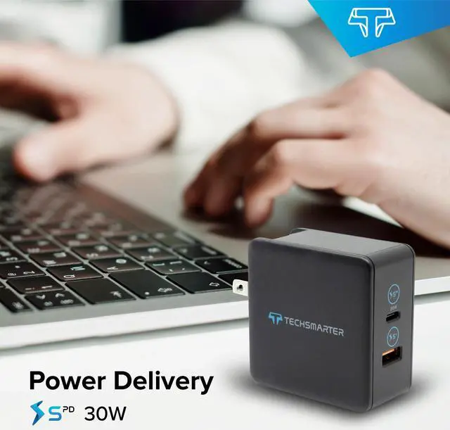 Alt view image 8 of 9 - Techsmarter 48W USB C PD Wall Charger with 30W Power Delivery and 18W USB Port, For iPhone 15, 14, 13, 12, 11, XS, XR, iPad, MacBook Air, Samsung Galaxy S23, S22, S21, S20, S10, Androids