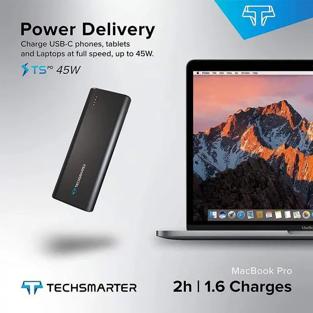 Alt view image 4 of 7 - Techsmarter 20000mAh 45W Power Delivery USB C PD Power Bank, Three Output Portable Charger. Compatible with MacBook Air/Pro, Chromebook, iPad Air/Pro, iPhone, Samsung Galaxy, LG, Motorola, Androids