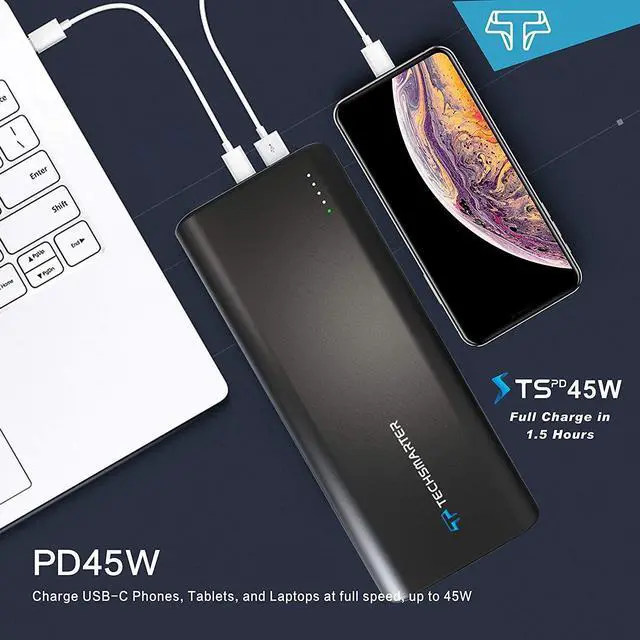 Alt view image 7 of 7 - Techsmarter 20000mAh 45W Power Delivery USB C PD Power Bank, Three Output Portable Charger. Compatible with MacBook Air/Pro, Chromebook, iPad Air/Pro, iPhone, Samsung Galaxy, LG, Motorola, Androids