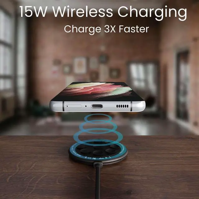 Alt view image 3 of 7 - Techsmarter 15W Wireless Charger Pad with Suction Cups. Compatible with iPhone 13, 12, 11, XS, X, XR, 8, Samsung S21, S20, S10, S9, S8, S7, Note 20, 10, 9, LG ThinQ, Pixel