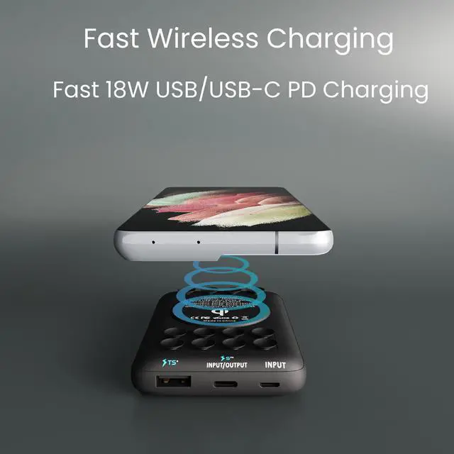 Alt view image 3 of 7 - Techsmarter 10000mAh 18W USB-C PD Wireless Power Bank Portable Charger with Anti-Slip Suction Cups. Compatible with iPhone 15, 14, 13, 12, 11, SE 2020, XR, XS, Samsung S23, S22, S21, S20, S10, S9