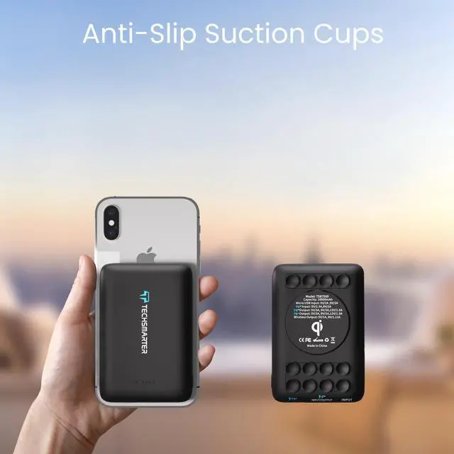Alt view image 2 of 7 - Techsmarter 10000mAh 18W USB-C PD Wireless Power Bank Portable Charger with Anti-Slip Suction Cups. Compatible with iPhone 15, 14, 13, 12, 11, SE 2020, XR, XS, Samsung S23, S22, S21, S20, S10, S9