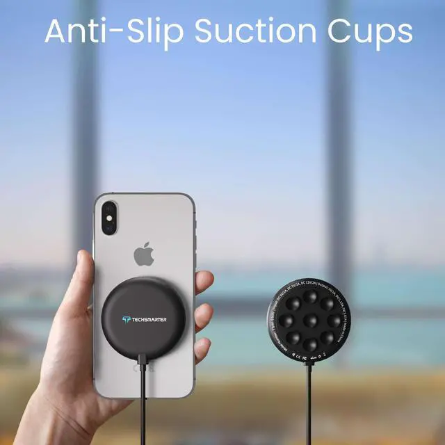 Alt view image 2 of 6 - Techsmarter 15W Wireless Charger Pad with Suction Cups. Compatible with iPhone 13, 12, 11, XS, X, XR, 8, Samsung S21, S20, S10, S9, S8, S7, Note 20, 10, 9, LG ThinQ