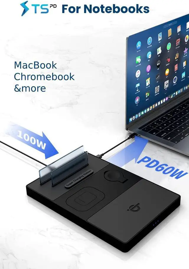 Alt view image 3 of 7 - Techsmarter 5-in-1 Wireless Charger, Qi Charging Station with 60W USB-C PD, PPS 25W Port & 18W USB Port Compatible with Watch, AirPods, iPhone, iPad, MacBook, Chromebook, Samsung Galaxy, Note