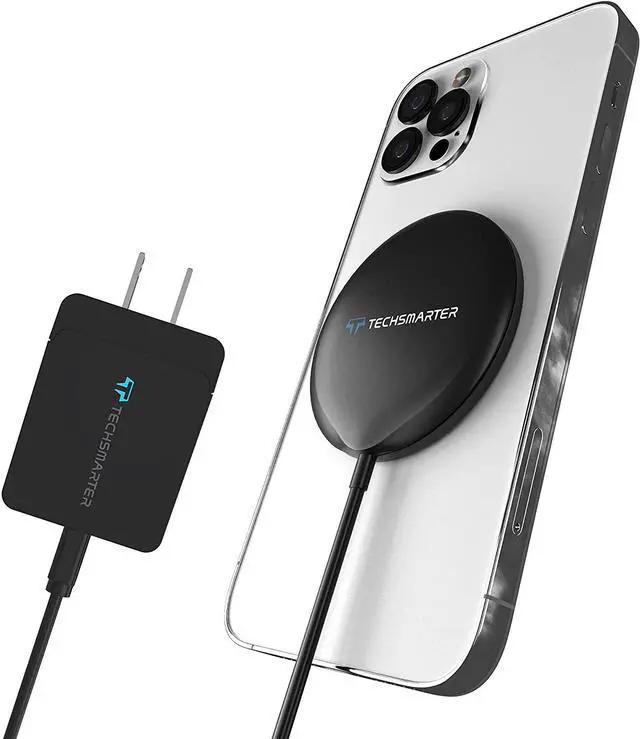 Main image of Techsmarter 15W Magnetic Wireless Charger, Fast Charging Pad. Compatible with iPhone 12, 13, 14, 15 (Includes 20W USB-C PD Wall Charger)