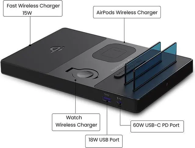 Alt view image 6 of 7 - Techsmarter 5-in-1 Wireless Charger, Qi Charging Station with 60W USB-C PD, PPS 25W Port & 18W USB Port Compatible with Watch, AirPods, iPhone, iPad, MacBook, Chromebook, Samsung Galaxy, Note