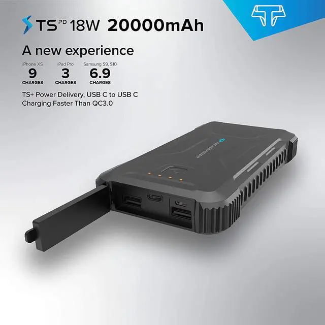 Alt view image 4 of 7 - TECHSMARTER 20000mah Rugged & Waterproof 18W USB-C PD Port Power Bank. Extreme Tactical Portable Charger Heavy Duty, Camping, Outdoor with Flashlight. Compatible with iPhone, Samsung, iPad