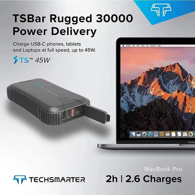Alt view image 4 of 7 - Techsmarter 30000mah Rugged & Waterproof 45W USB-C PD Port Power Bank. Portable Charger Heavy Duty, Camping, Hiking, Outdoor with Flashlight. Compatible with iPhone, Samsung, iPad, MacBook