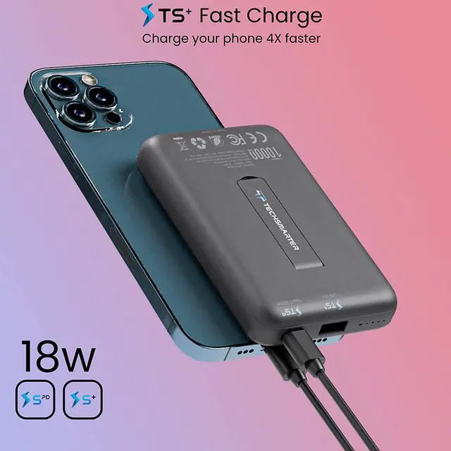 Alt view image 3 of 7 - TECHSMARTER 10000mAh Magnetic Wireless Power Bank with Kickstand, 18W USB-C PD Portable Phone Charger. Compatible with iPhone 12, 13, 14, 15 Only