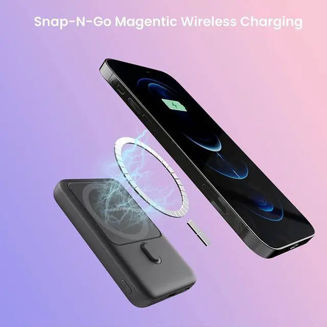 Alt view image 2 of 7 - TECHSMARTER 10000mAh Magnetic Wireless Power Bank with Kickstand, 18W USB-C PD Portable Phone Charger. Compatible with iPhone 12, 13, 14, 15 Only