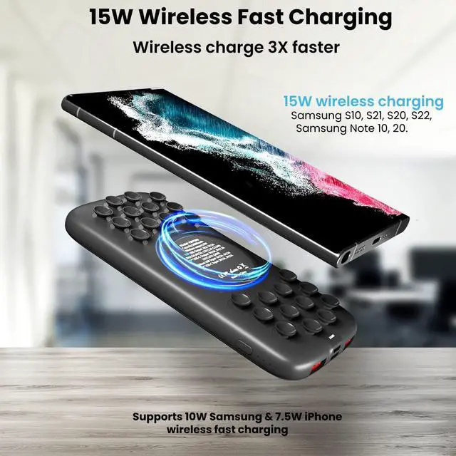 Alt view image 4 of 7 - TECHSMARTER 10000mAh 22.5W USB-C PD Wireless Power Bank Charger with Anti-Slip Suction Cups & Kickstand, Compatible with Samsung S23, S22, S21, S20, iPhone Xs, XR, 11, 12, 13, 14, 15