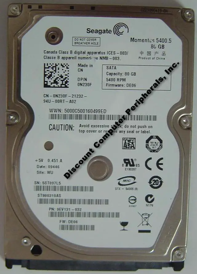 Alt view image 2 of 2 - Seagate Momentus 5400.5 ST980310AS 80GB 5400 RPM 8MB Cache SATA 3.0Gb/s 2.5" Notebook Hard Drive Bare Drive