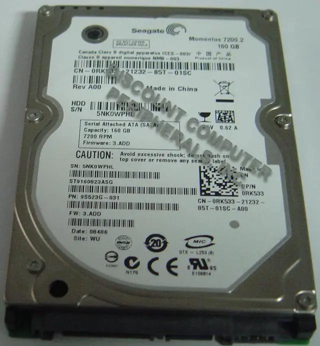 Alt view image 2 of 2 - Seagate Momentus 7200.2 ST9160823ASG 160GB 7200 RPM 8MB Cache SATA 3.0Gb/s 2.5" Notebook Hard Drive Bare Drive