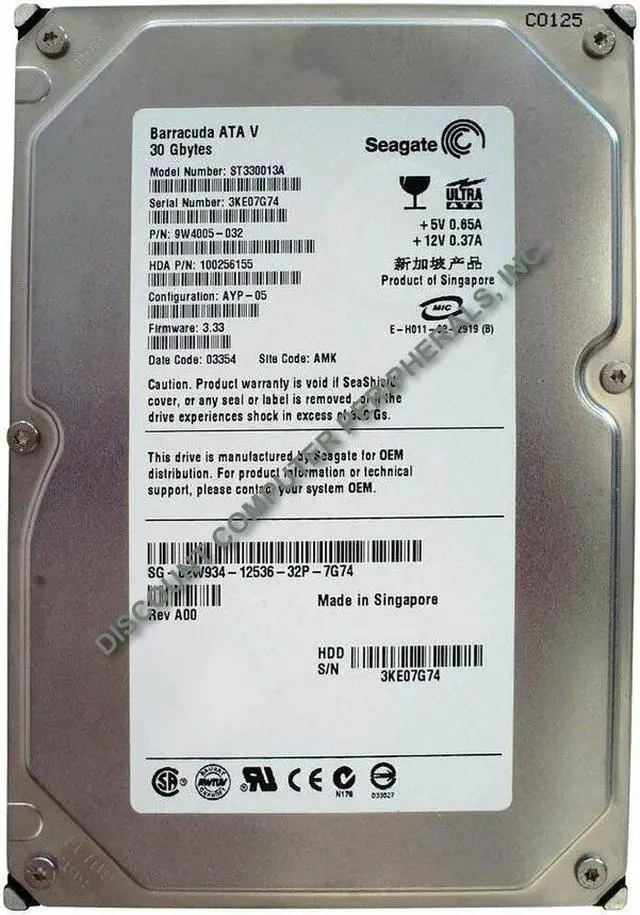 Alt view image 2 of 2 - Seagate BarraCuda V ST330013A 30GB 7200 RPM 2MB Cache IDE Ultra ATA100 / ATA-6 3.5" Hard Drive Bare Drive