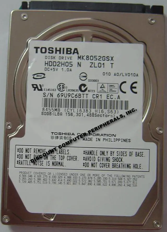 Alt view image 2 of 2 - TOSHIBA MK8052GSX(HDD2H05) 80GB 5400 RPM 8MB Cache SATA 3.0Gb/s 2.5" Notebook Hard Drive