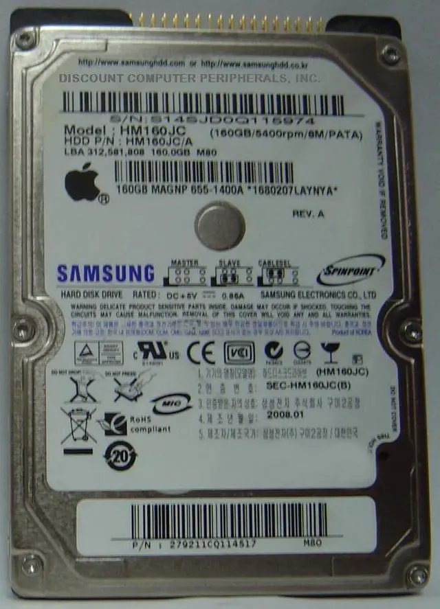 Alt view image 2 of 2 - SAMSUNG Spinpoint M Series HM160JC 160GB 5400 RPM 8MB Cache IDE Ultra ATA100 / ATA-6 2.5" Notebook Hard Drive Bare Drive