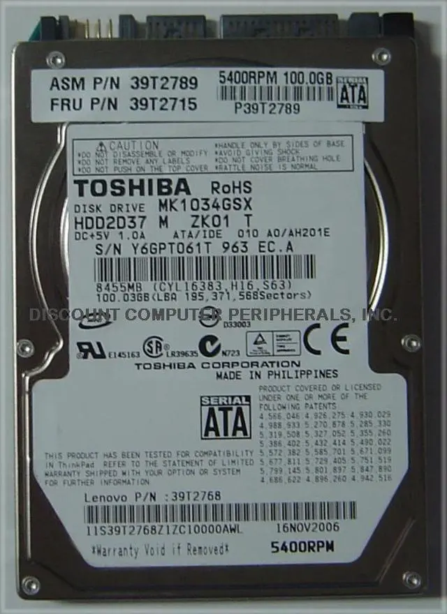 Alt view image 2 of 2 - TOSHIBA HDD2D37 (MK1034GSX) 100GB 5400 RPM 8MB Cache SATA 1.5Gb/s 2.5" Notebook Hard Drive Bare Drive