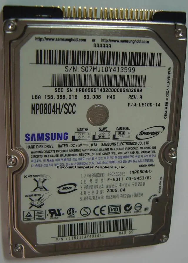 Alt view image 3 of 3 - SAMSUNG Spinpoint M Series MP0804H 80GB 5400 RPM 8MB Cache IDE Ultra ATA100 / ATA-6 2.5" Notebook Hard Drive Bare Drive