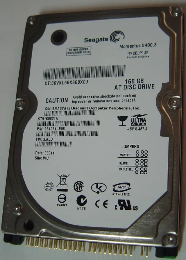 Alt view image 4 of 4 - Seagate Momentus 5400.3 ST9160821A 160GB 5400 RPM 8MB Cache IDE Ultra ATA100 / ATA-6 2.5" Internal Notebook Hard Drive Bare Drive