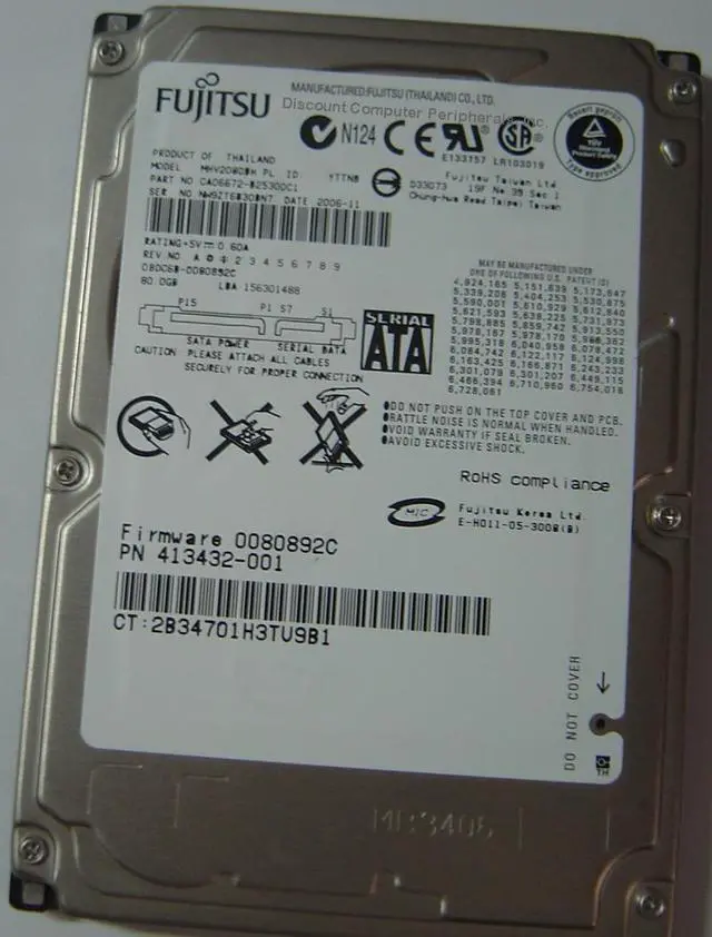 Alt view image 3 of 3 - Fujitsu MHV2080BH 80GB 5400 RPM 8MB Cache SATA 1.5Gb/s 2.5" Notebook Hard Drive Bare Drive