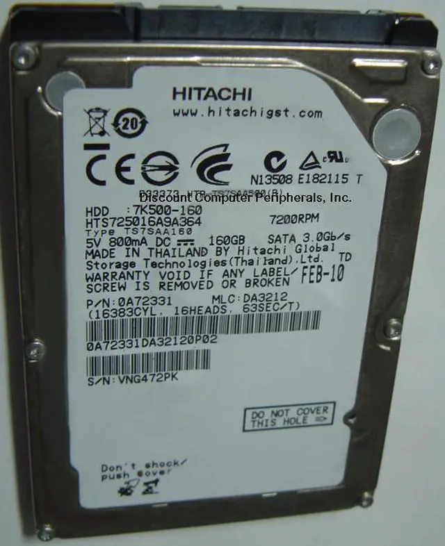 Alt view image 3 of 3 - HITACHI TRAVELSTAR 7K500 160GB SATA 2.5 INCH HARD DRIVE BARE DRIVE  HTS725016A9A364