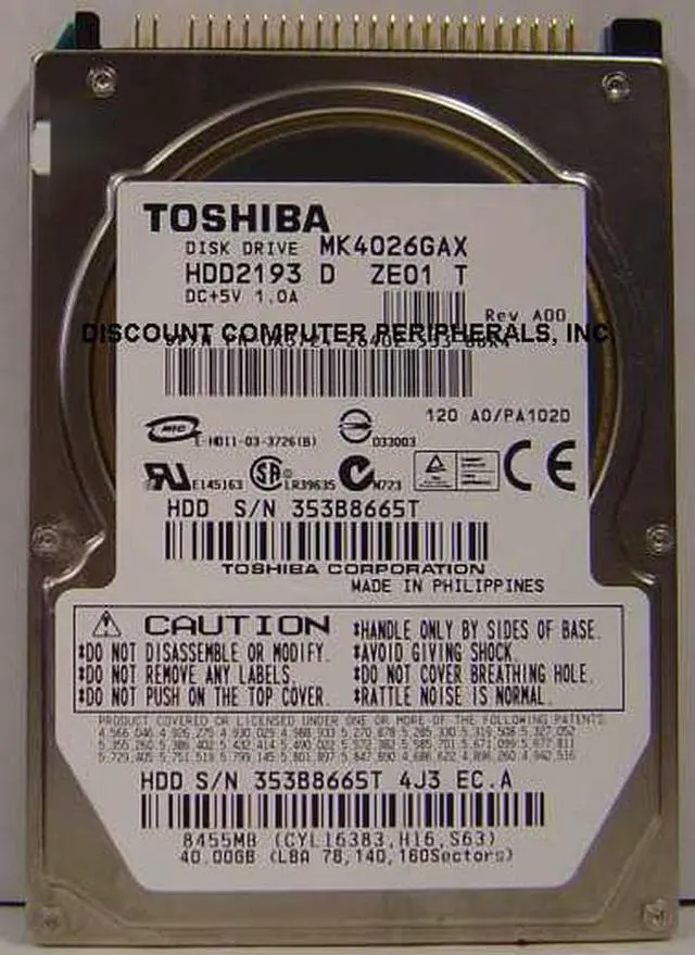 Alt view image 3 of 3 - Toshiba MK4026GAX Super Slimline MK4026GAX 80.01 GB Hard Drive - 2.5" Internal - IDE (IDE Ultra ATA/100 (ATA-6))
