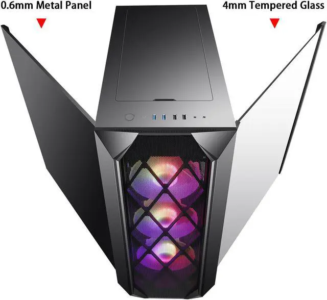 Alt view image 2 of 7 - Segotep ARGUS ATX Black Mid Tower PC Gaming Computer Case USB 3.0 Port and Type-C port with Tempered Glass & RGB Front Panel w/ 3 ARGB Fans