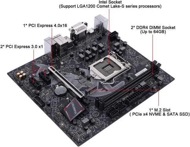Alt view image 5 of 6 - Colorful BATTLE-AX B460M-D V20 LGA1200 Intel B460 DDR4 VGA DVI HDMI SATA3.0 USB3.2 Gen1 M.2 USB Shutdown Charging Function MATX Gaming Computer Motherboard