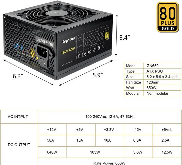 Alt view image 2 of 7 - Segotep 650W Power Supply ATX 80 Plus Gold Certified Non-Modular PSU with Silent 120mm Fan