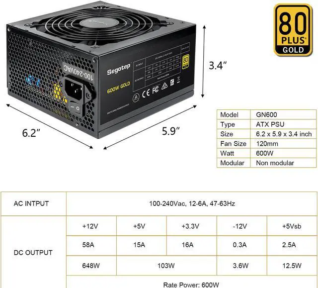 Alt view image 2 of 7 - Segotep 600W Power Supply ATX 80 Plus Gold PSU with Silent 120mm Fan