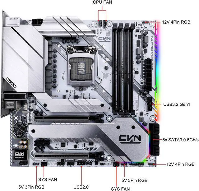 Alt view image 4 of 7 - Colorful CVN Z590M GAMING FROZEN V20 LGA 1200(Intel11th/10th Gen) Micro ATX Motherboard (Wi-Fi 6, PCIe 4.0, 10+2 Power Stages, Dual M.2 Slot, 1000M LAN, 6X SATA 6.0 Gb/s Ports, ARGB Sync)