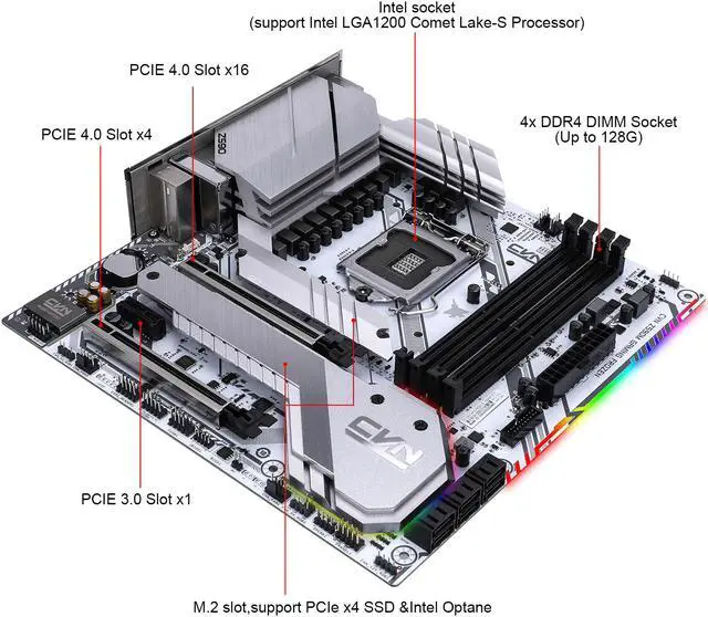 Alt view image 3 of 7 - Colorful CVN Z590M GAMING FROZEN V20 LGA 1200(Intel11th/10th Gen) Micro ATX Motherboard (Wi-Fi 6, PCIe 4.0, 10+2 Power Stages, Dual M.2 Slot, 1000M LAN, 6X SATA 6.0 Gb/s Ports, ARGB Sync)
