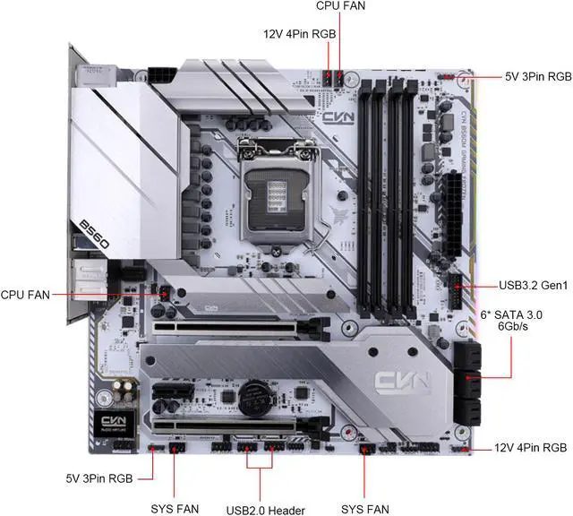 Alt view image 2 of 6 - Colorful CVN B560M Motherboard (Intel 11th/10th Gen) GAMING FROZEN V20 (Micro ATX, LGA 1200 Socket, CNVI WIFI /BT Module Slot, DDR4, PCIe 4, M.2, USB 3.2 Gen 2, DP/HDMI Ports, RGB Headers)