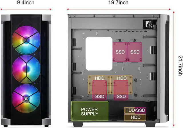 Alt view image 3 of 7 - Segotep Phoenix T1 E-ATX Full-Tower PC Gaming Case,  GPU Vertical Mounting, Support Dual 360mm Water Cooling Radiators, Supports up to 7 Fans, Tempered Glass Side Panel, Front I/O USB 3.0 Type-C Port