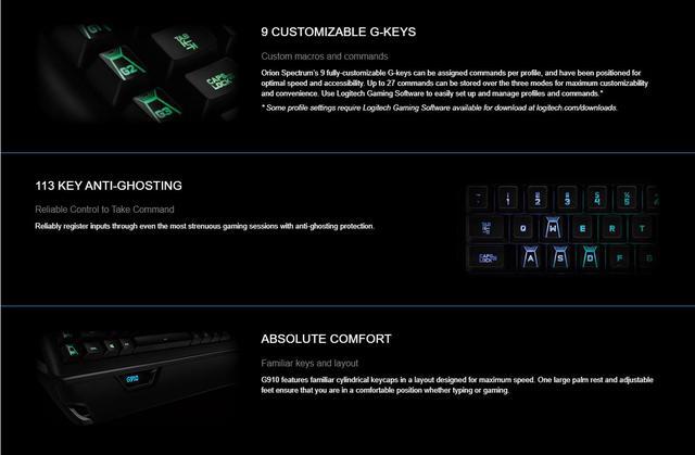 Alt view image 4 of 7 - Logitech G910 Orion Spectrum RGB Mechanical Gaming Keyboard USB 920-008012