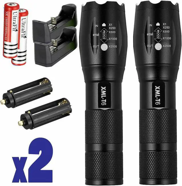 Alt view image 7 of 7 - 2 x Tactical Flashlight Ultrafire T6 High Powered 5 Modes Zoom Aluminum +Battery