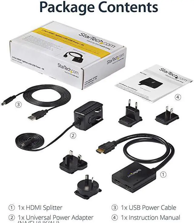 Alt view image 7 of 7 - com 4K HDMI Splitter 1 In 2 Out - 4K 30Hz HDMI 1.4 2 Port Video Splitter Box -with high speed HDMI cable, USB power cable - Black (ST122HD4KU)