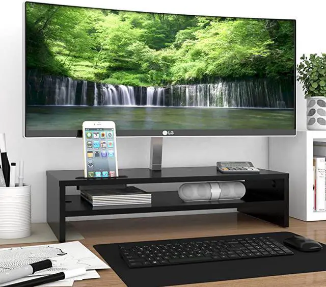 Alt view image 2 of 7 - Wood Monitor Stand Riser 2 Tiers Desk TV Shelf with Cellphone Holder Ergonomic Laptop Printer Stand with Cable Management for Laptop Computer Notebook iMac PC 213 inches Black