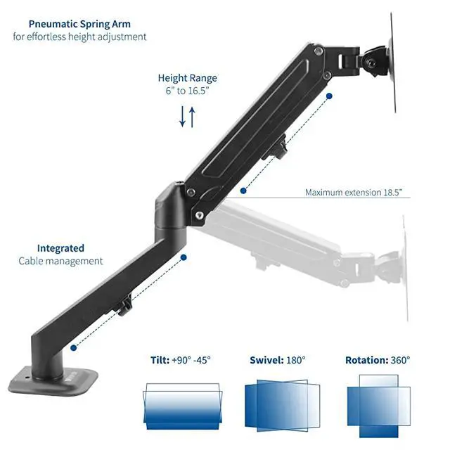 Alt view image 3 of 7 - Black Articulating Single Pneumatic Spring Arm Clampon Desk Mount Stand | Fits 1 Monitor Screen 17 to 27 inches with Max VESA 100x100 STANDV101O
