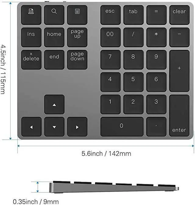 Alt view image 6 of 7 - Bluetooth Number Pad  Aluminum Rechargeable Wireless Numeric Keypad Slim 34Keys External Numpad Keyboard Data Entry Compatible for Macbook MacBook AirPro iMac Windows Laptop Surface Pro etc