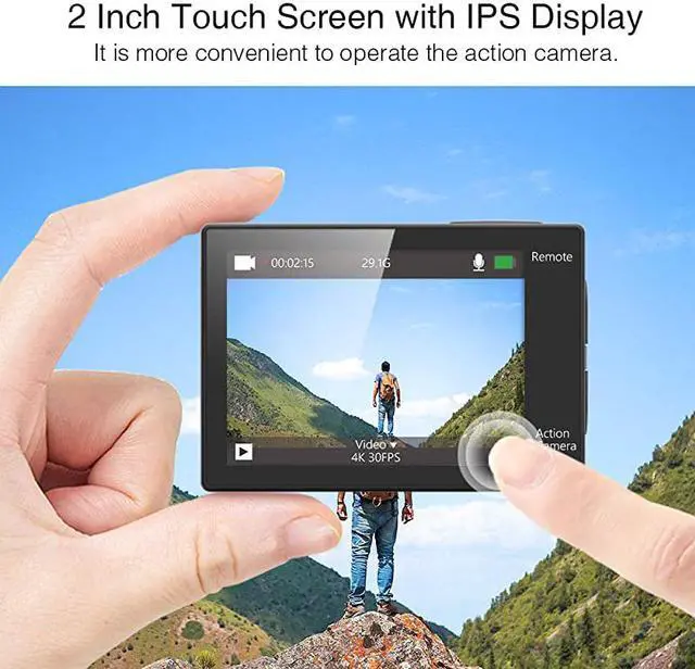 Alt view image 2 of 6 - 4K Action Camera Touch Screen 16MP Vision 3 Pro 100 feet Waterproof Camera Adjustable View Angle WiFi Sports Camera with Remote Control and Helmet Accessories Kit