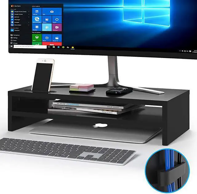 Main image of Wood Monitor Stand Riser 2 Tiers Desk TV Shelf with Cellphone Holder Ergonomic Laptop Printer Stand with Cable Management for Laptop Computer Notebook iMac PC 213 inches Black